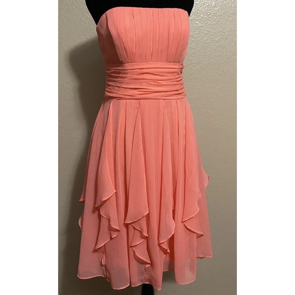 David's Bridal Strapless Chiffon Dress Womens 6 Peach Bridesmaid Party Chic - Picture 2 of 8